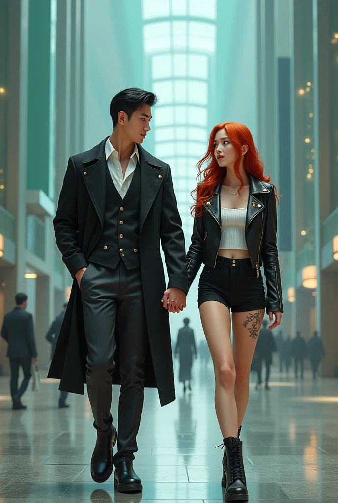 Realistic about Asrahan Kandel from I thought my time is up, he is a 28 young man with black hair, he is a handsome korean Duke of a historical world he have Korean features with asian monolid light blue eyes, his skin is white, he is really strong and build and is really muscular because he is a fighter, he is 1.88 height tall, he is with his wife a british ginger woman with 1, she is tall but not as him, she is half nephilim and half Greek demingod, she is Zeus daughter, she have a white fair pale skin, her cheeks are rosy and her lips plum and rosy, she have freckles and dimples, her eyes are deep blue with a bit of gold and with and almond shape, she have a strong and skinny fit body, her body shape is like an hourglass, her breast is big and rounded like her ass, she is tall but smaller than him, she is 1.72 height tall, she have a very long ginger hair with waves and she is really beautiful like an angel, and she have angelic runes over her skin in gold, both are walking holding hands looking around and holding hands, she is showing him around the city of glass in her country, he is wearing European historical duke clothes and she is wearing black high rise shorts, white off-shoulder sweater and a black leather jacket and combat boots, he is Korean and she is British