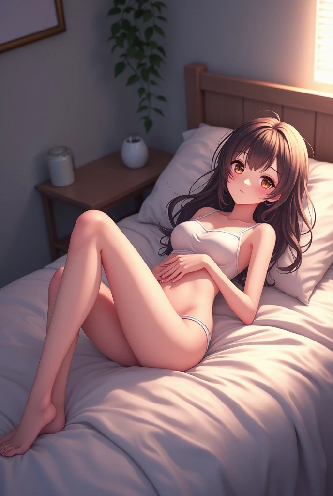 Female anime character lying on bed showing her legs