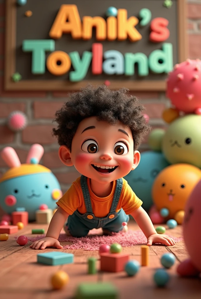 Generate pic youtube channel cover photo, their a 5 years kid boy paly with her bulk toy's,and back ground write Anik's Toyland ,
.image width: 2560 pixel and
.Height :1440
.Aspect Ratio : 16:9