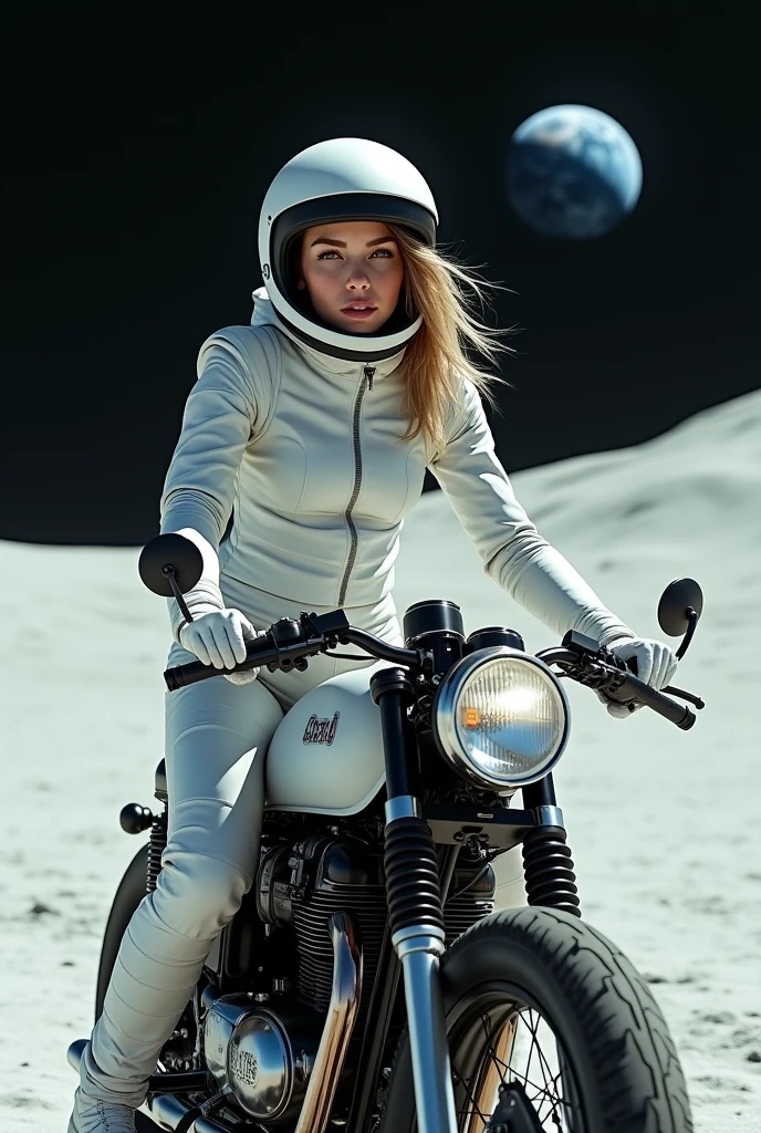 A beautiful young woman from Brooklyn, dressed in a modern astronaut spacesuit, riding a classic cafe racer motorcycle on the surface of the Moon. The Moon's surface is brightly illuminated by the sunlight, creating a stark, bright environment. In the distance, Earth can be seen, floating against the blackness of space. The woman is wearing a sleek, futuristic spacesuit with a helmet, her expression still cool and composed. The motorcycle retains its vintage design, creating a striking contrast between the retro bike and the futuristic lunar setting.