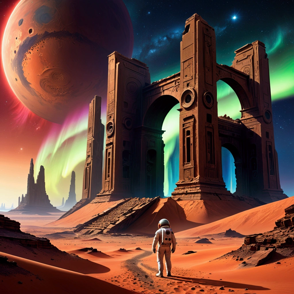 landscape, Northern Lights in the sky, (Mysterious architectural ruins of an advanced alien civilization) On Mars,(Science Fiction概念艺术),(Highest quality detailed illustrations,4K,high resolution,masterpiece:1.2),(红色星球landscape右侧鲜艳色彩:1.1),(Science Fiction),High Dynamic Range,Crumbling structure,The environment is desolate,Infinite horizon,Atmospheric perspective,(Astronaut explorer),Weird atmosphere,(Strange symbols),Surreal landscape, Unobstructed panoramic views,dusty red sand,surreal atmosphere,Distant starry sky,unforgettably beautiful,(, author：Jeremy Lipking),(author Antonio J. Manzanedo)