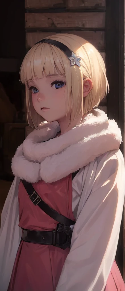 ((((child)))) masterpiece), best quality, high resolution blonde 1child bob cut medium hair standing alone cowl headband profile image looking at viewer beautiful eyes beautiful face extremely detailed pink clothing child