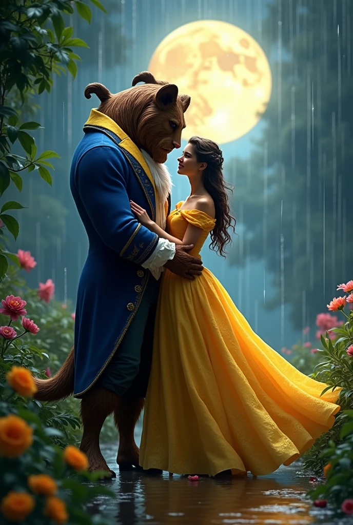 beauty and the beast dancing in the rain at night and the bright moon