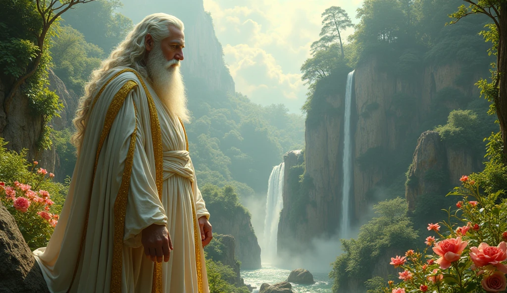 16k, 32k, UHD, masterpiece, best quality, upper body, God, who is super vast and gigantic, wearing white and shimmery gold robe, long white hair, white beard, God is super Gigantic looking downward on the beautiful enchanting garden of Eden. style raw