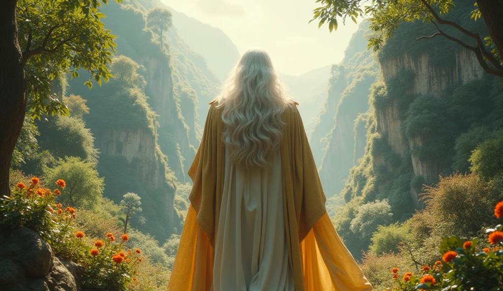 16k, 32k, UHD, masterpiece, best quality, upper body, God, who is super vast and gigantic, wearing white and shimmery gold robe, long white hair, white beard, God is super Gigantic looking downward on the beautiful enchanting garden of Eden. style raw