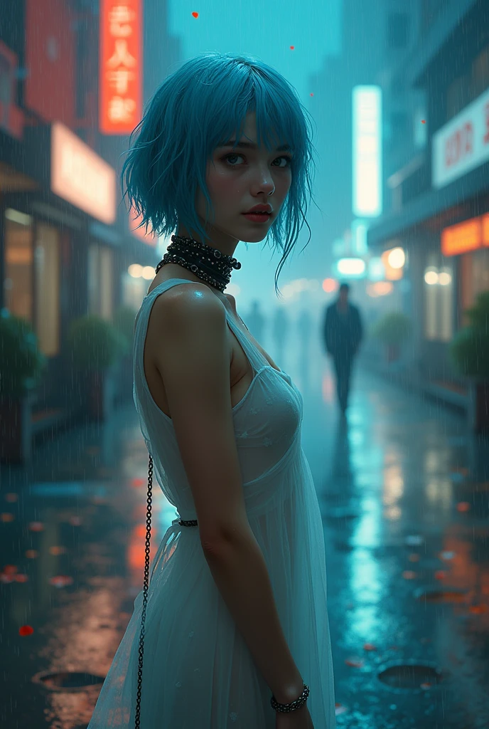 NUDE:1.2,Traction collar:1.3,Leash:1.3,protrait photo,Full body image,For the audience,Shred clothes,Fragments of clothing,cpainting,psychedelic,Dreamlike,atmospheric artwork depicting a rainy street scene at night. soft,pastel color palette dominated by blues and eerie oranges. A girl with short,light blue hair,wet hair, dressed in a wet and transparent dress,offering an ethereal,almost ghostly presence. The background showcases blurred city lights,rain reflections,and falling petals,creating a sense of melancholy and romanticism. Dynamic composition with a mix of sharp and softened details,emphasizing the dreamy,impressionistic style. Another figure,possibly a young man,stands in the blurred rain-soaked background,contributing to the sense of solitude and introspection.,,Devil figure,slim,Front convex and back curved,Perfect body,的Very detailed details of the face,Clear facial features,Fair and delicate skin,long legs,Avoid changing the facial features of the reference image,Perfect facial features,Very detailed details of the face,Glowing eyes,Mid-chest,Cleavage,clavicle,Light arm,Bare legs,Black over the knee,Perfect body比例,Long legs,Devil figure,Real skin texture,Glowing translucent skin,Real skin pores,Perfect hands,Perfect hands臂,Perfect hands指,Perfect legs,Perfect feet,Perfect feet趾,Covered in sweat,Devil figure,slim,Front convex and back curved,Perfect body,的Very detailed details of the face,Clear facial features,Fair and delicate skin,long legs,Avoid changing the facial features of the reference image,Perfect facial features,Very detailed details of the face,Glowing eyes,Big breasts,Cleavage,clavicle,Light arm,Bare legs,Black over the knee,Perfect body比例,Long legs,Devil figure,Real skin texture,Glowing translucent skin,Real skin pores,Perfect hands,Perfect hands臂,Perfect hands指,Perfect legs,Perfect feet,Perfect feet趾,