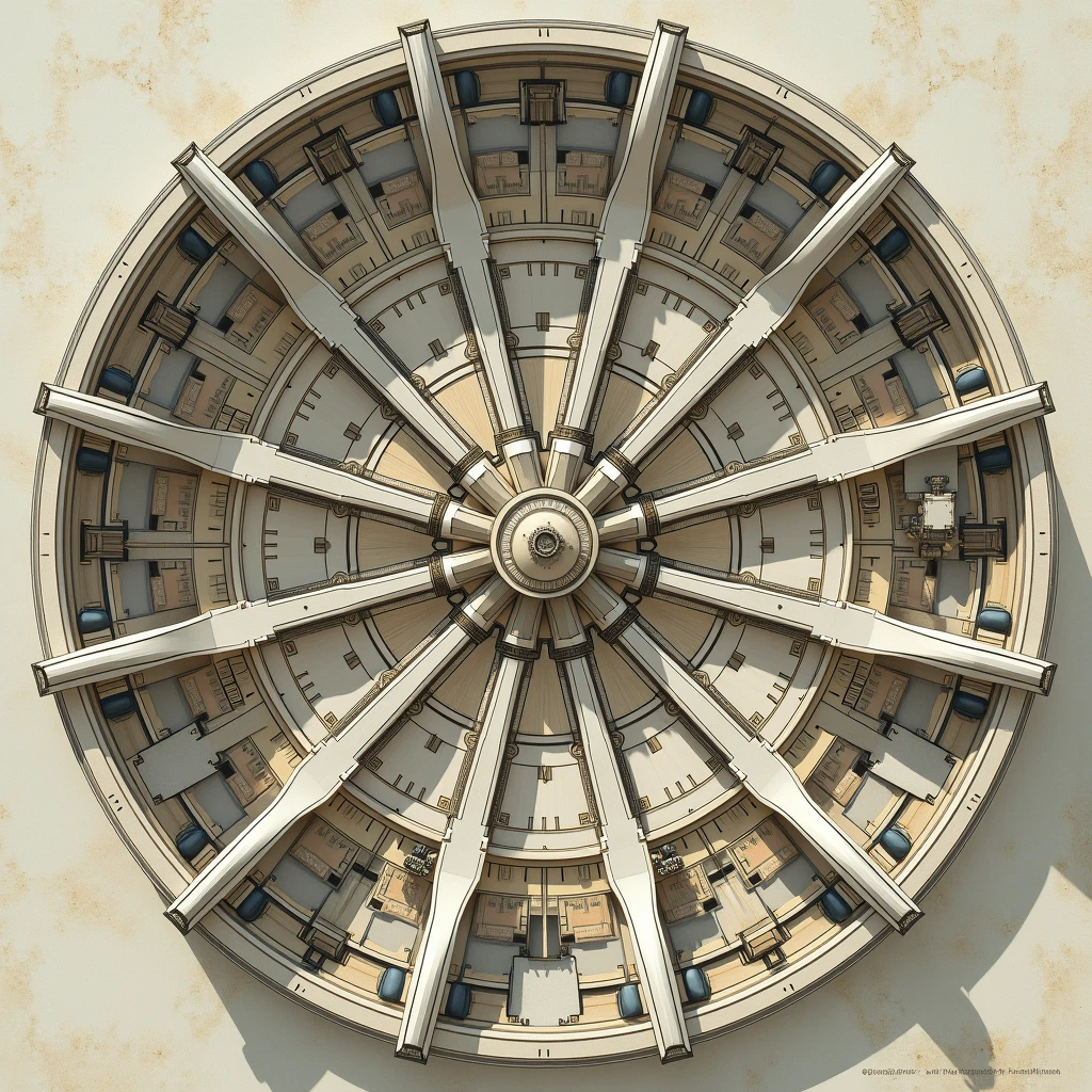 The radial space organizes the architectural design around a central point, with elements and areas arranged in a radial pattern extending outward from this central point.