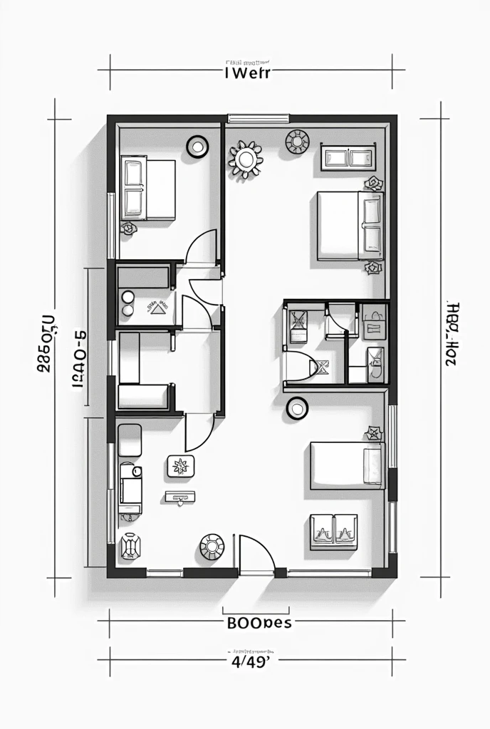 Generate an image of Generate an image of generate floor plan house

my house details 

3 bedrooms
kitchen
cr 
living room 
in front we have small restaurant 
and small sari sari store


simple floor plan only our house is not that big because we rent only the house

