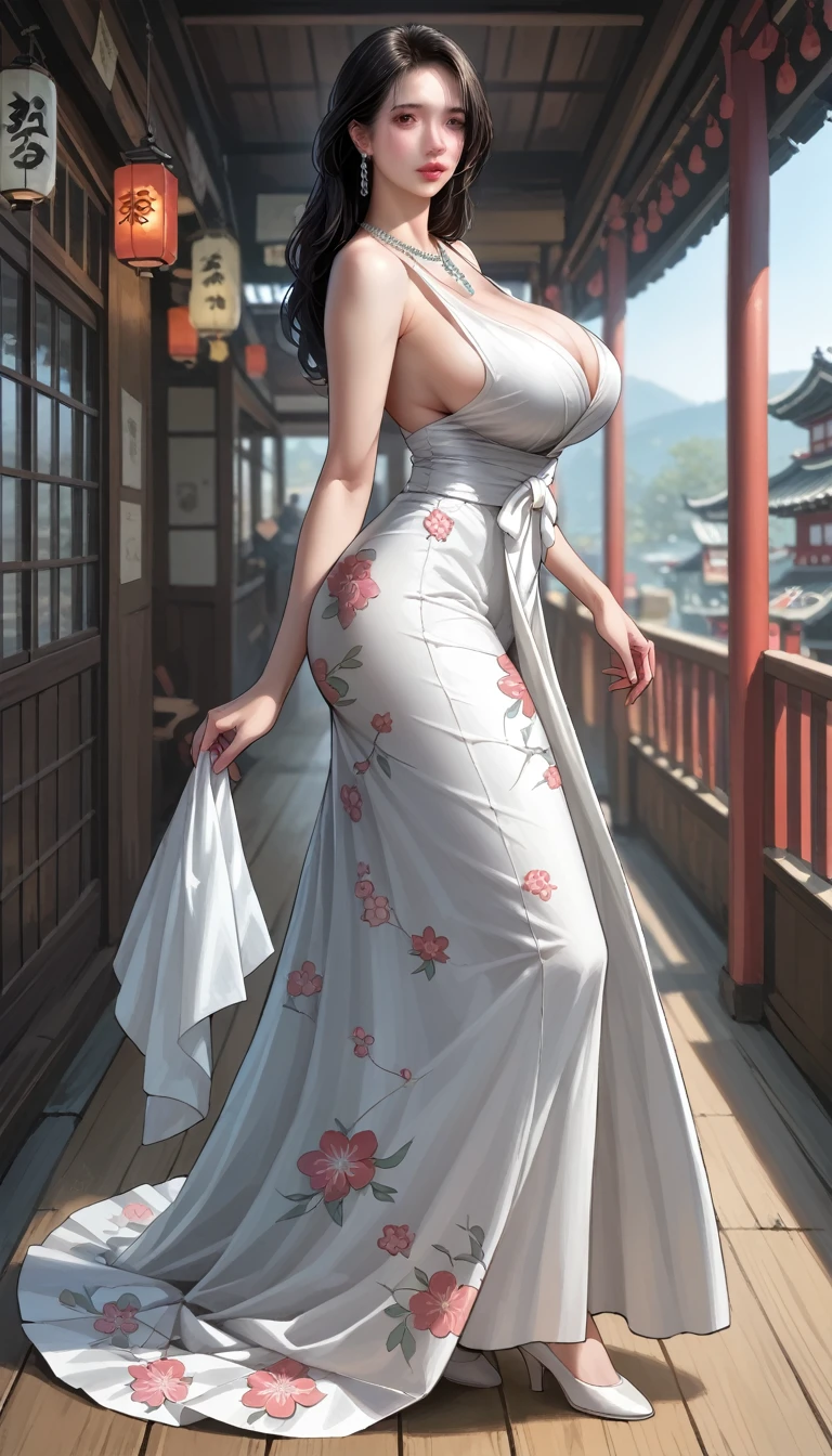 score_9, score_8_superior, score_7_superior, score_6_superior, score_5_superior, score_4_superior, super realistic, busty japanese mother, (detailed eyes, detailed face, big breast, big ass, necklace, earing, black hair, long skirt dressed, floral print, ) standing full body, side view