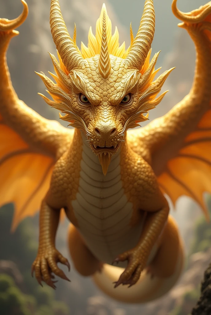 A golden dragon has a shrewd face anointed with flexible, whisker-like spines.. His horns come from his nose, passing through the eyebrows and two twin crests adorn its long neck. The wings of a golden dragon, similar to the sails of ships, start at their shoulders and continue to the tip of their tail,
allowing it to fly with a distinct wavy motion, as if swimming in the air. A baby gold dragon has dark yellow scales with metallic flecks..