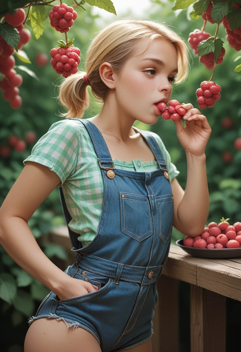   little dutch blonde, wearing denim short overalls and a checkered blouse, small breasts, small ass, eating berries