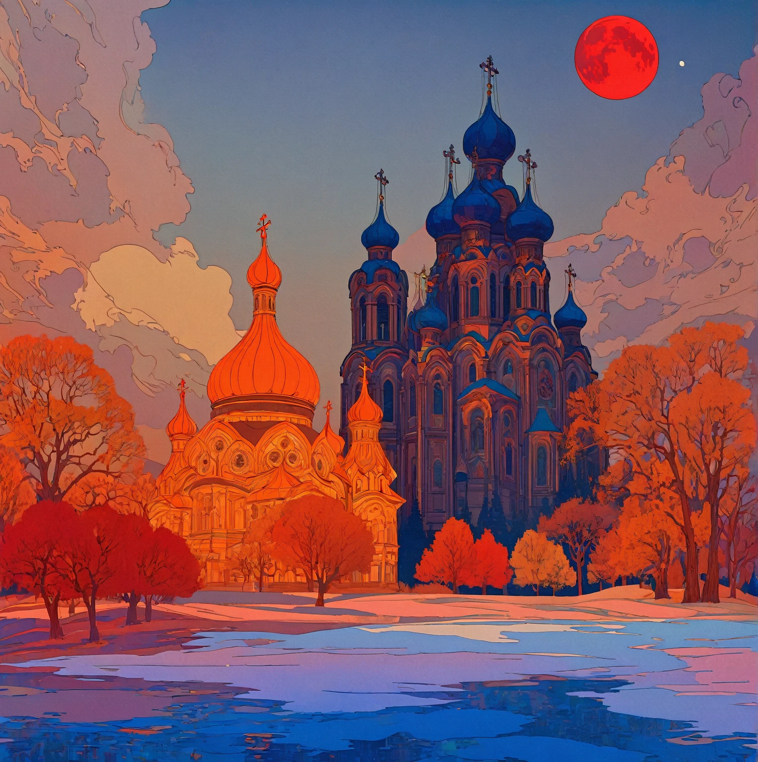 A dramatic Orthodox church against a night sky with a large red moon, inspired by the Slavic epic illustrations of Ivan Bilibin, the luminous architectural paintings of Igor Grabar and the ornate art nouveau designs of Alphonse Mucha, with the intricate details and grand scale of Yuri Ivanovich Pimenov's Cathedral of the Sun and the fantastical digital art of Beeple, all in the distinctive style of Alexander Deineka and Andrey Esionov, with an precisely composed, photorealistic rendering.structure,snowflake,White