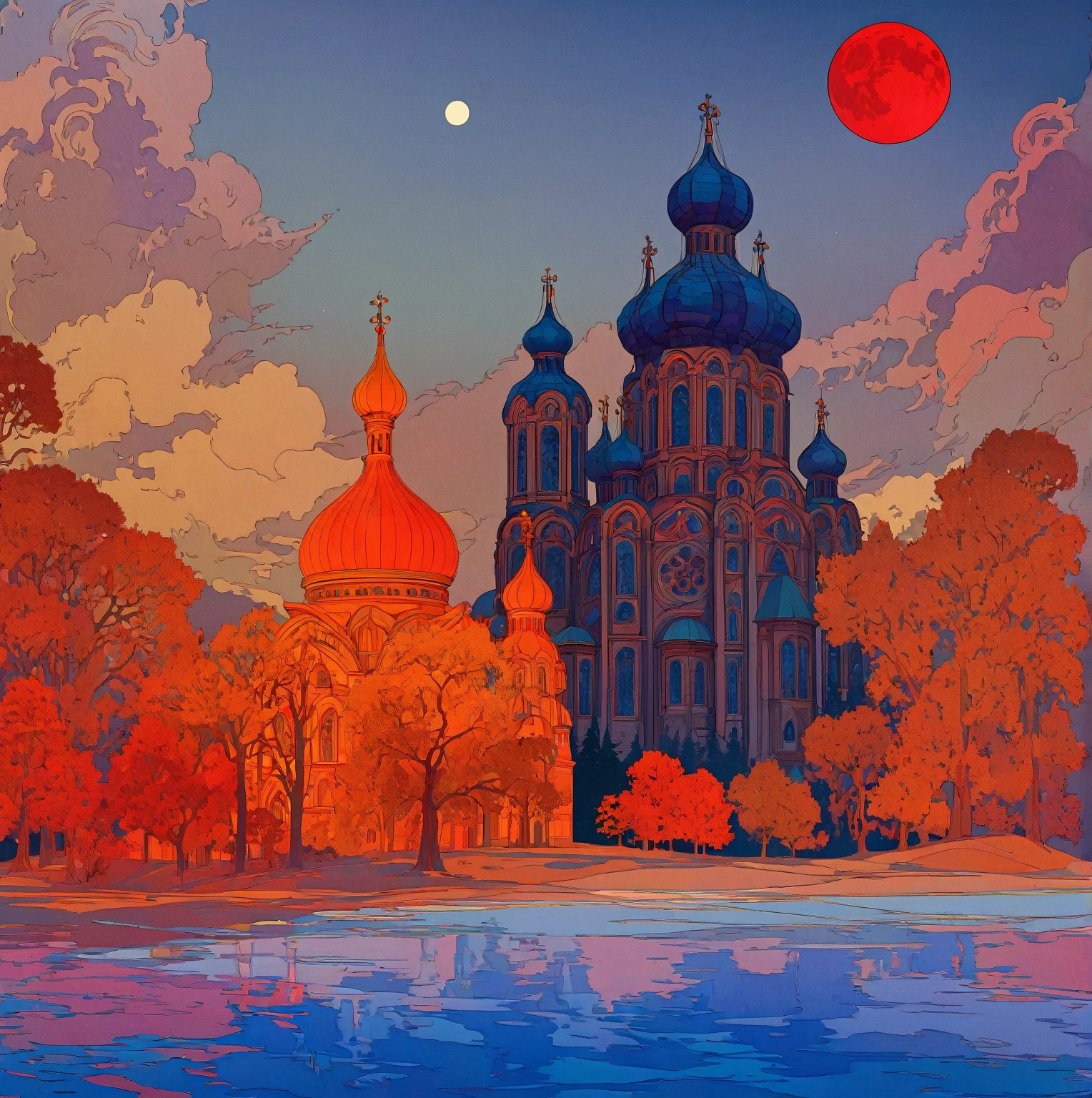 A dramatic Orthodox church against a night sky with a large red moon, inspired by the Slavic epic illustrations of Ivan Bilibin, the luminous architectural paintings of Igor Grabar and the ornate art nouveau designs of Alphonse Mucha, with the intricate details and grand scale of Yuri Ivanovich Pimenov's Cathedral of the Sun and the fantastical digital art of Beeple, all in the distinctive style of Alexander Deineka and Andrey Esionov, with an precisely composed, photorealistic rendering.structure，snowflake，White