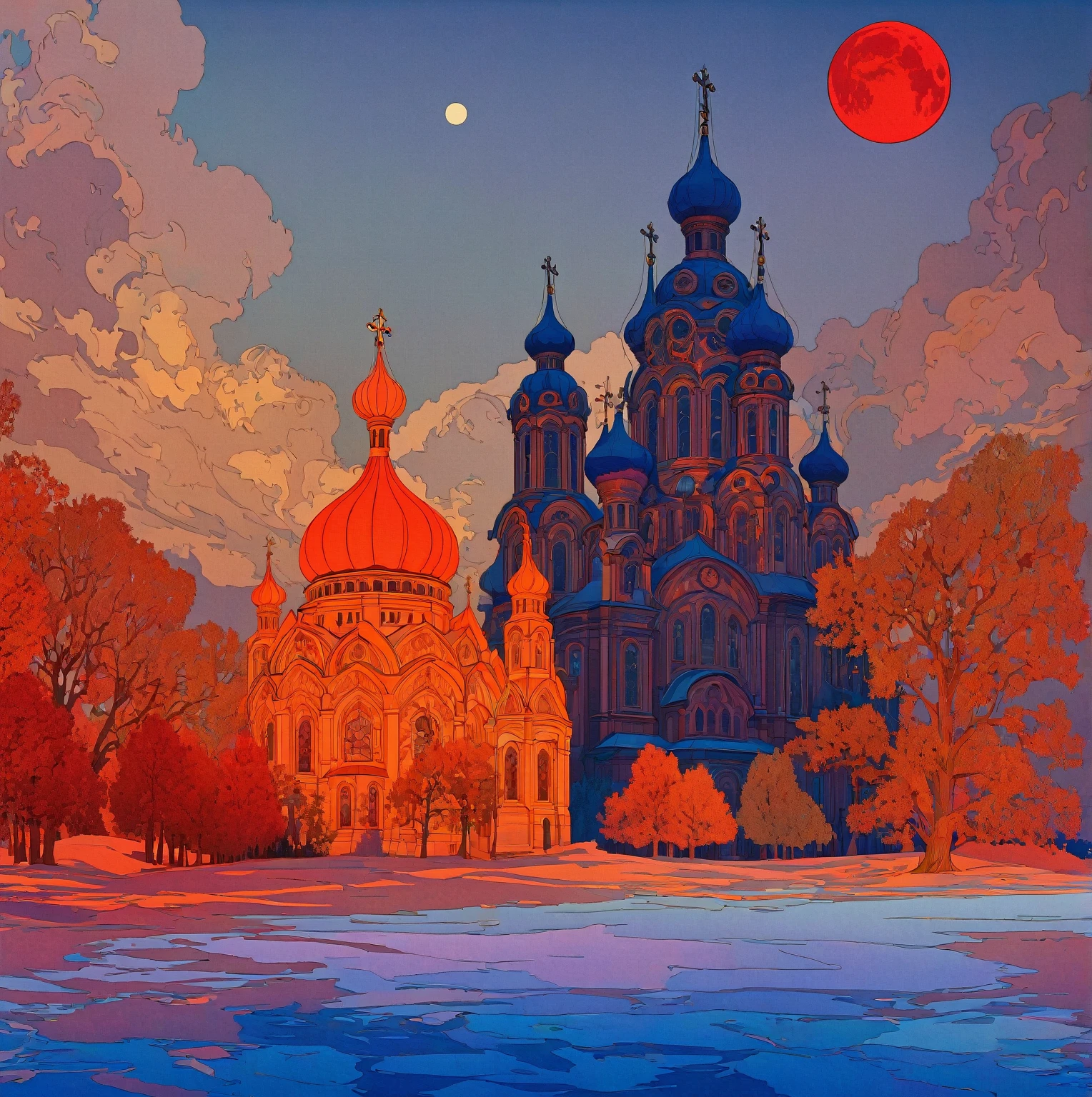 A dramatic Orthodox church against a night sky with a large red moon, inspired by the Slavic epic illustrations of Ivan Bilibin, the luminous architectural paintings of Igor Grabar and the ornate art nouveau designs of Alphonse Mucha, with the intricate details and grand scale of Yuri Ivanovich Pimenov's Cathedral of the Sun and the fantastical digital art of Beeple, all in the distinctive style of Alexander Deineka and Andrey Esionov, with an precisely composed, photorealistic rendering.structure，snowflake，White