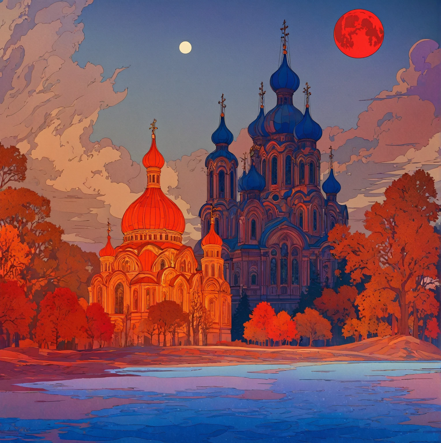 A dramatic Orthodox church against a night sky with a large red moon, inspired by the Slavic epic illustrations of Ivan Bilibin, the luminous architectural paintings of Igor Grabar and the ornate art nouveau designs of Alphonse Mucha, with the intricate details and grand scale of Yuri Ivanovich Pimenov's Cathedral of the Sun and the fantastical digital art of Beeple, all in the distinctive style of Alexander Deineka and Andrey Esionov, with an precisely composed, photorealistic rendering.structure，snowflake，White