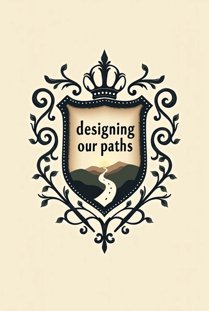 Make a picture of an ancient family crest based on the following sentence, Motto: "Designing our paths" that the shield has elements like a road, the art of designing, create, be creative and represent that phrase, Let it be simple, 2d