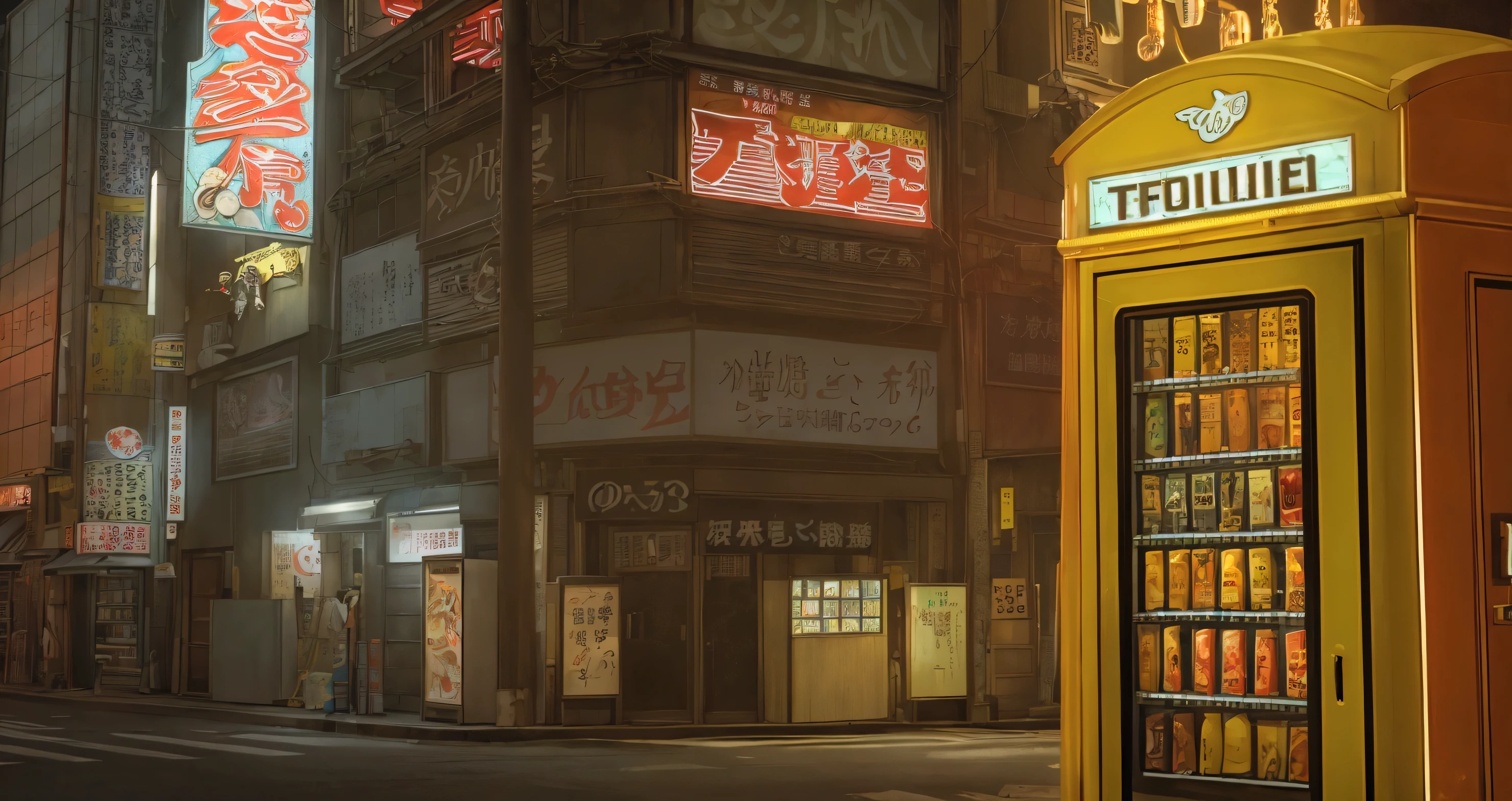 Jingdong street at night，Small shop signboard，Electric pole，Old building，Old signboard，Vertical Sign，street，There are vending machines on the street，Door，New Tokyo Background, Real texture，ue5 render，3D Rendering，Signage