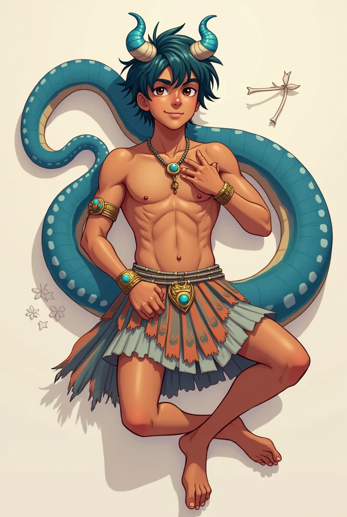 Young man under, delgado, blue snake tail, little blue horns, brown skin, and some multicoloured scales. short hair. anime style, cartoon style, Digital art, high detail face, tan lines. Clean and delicate face. Friendly face, whole body. lying on the floor, relaxed pose, laziness. tribal clothing, short skirt, bare legs, soft skin, bone ornaments, Gold bracelets and accessories, simple background.