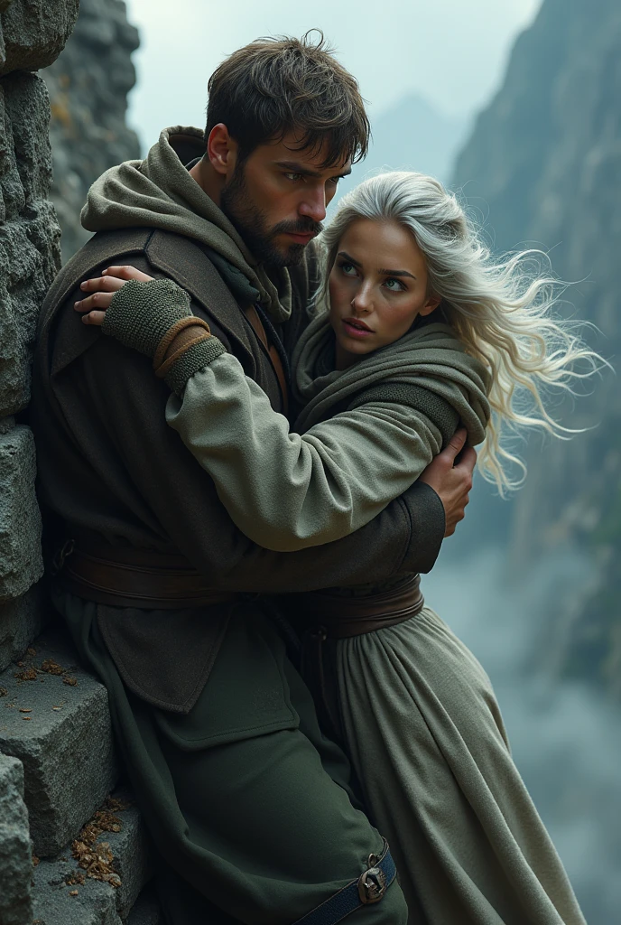 Young man with brown hair and short beard, greeneyes, holding a frightened young woman hanging from a cliff with silver hair and amber eyes, both in medieval blacksmith&#39;s robes