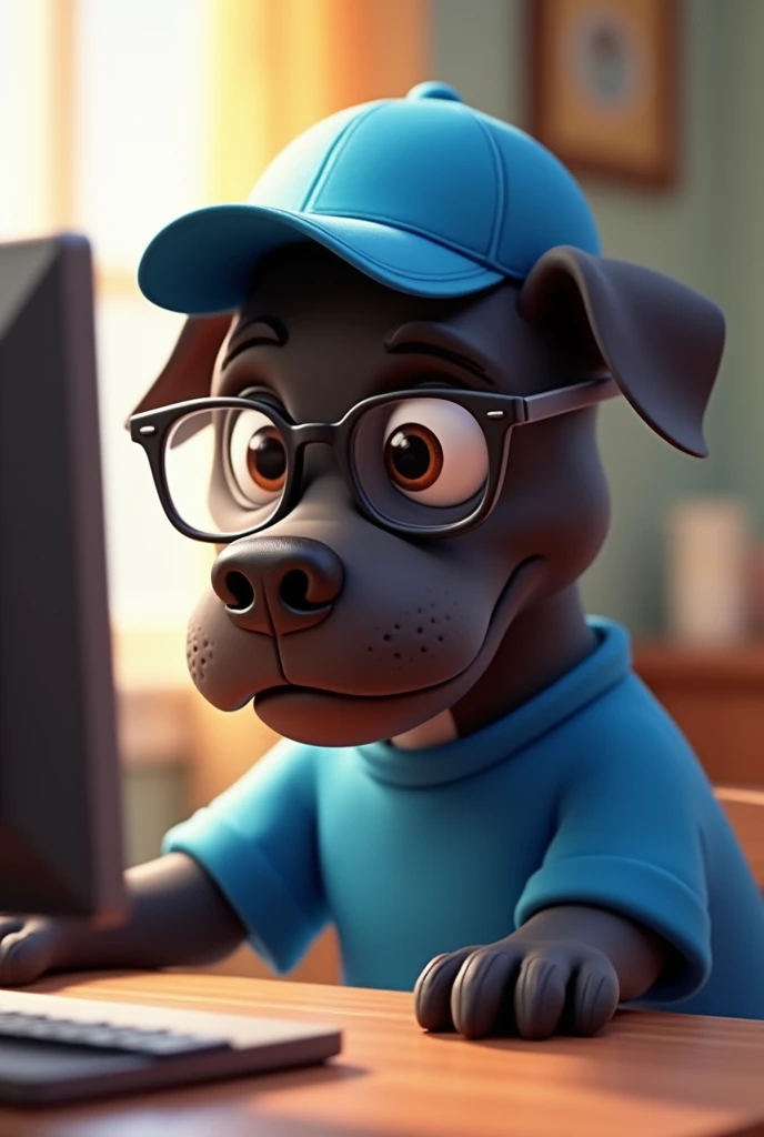 Dark-skinned pitbull dog wearing clear glasses, lightbrown eyes, blue cap, blue csmisa,  Disney  style,  using computer. 4K