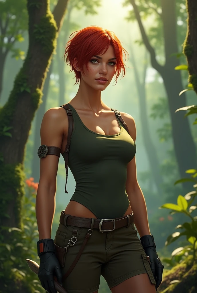 redhead woman , with thin arms but with strength, with very short hair and clothes with a more adventurous forest atmosphere and she is human