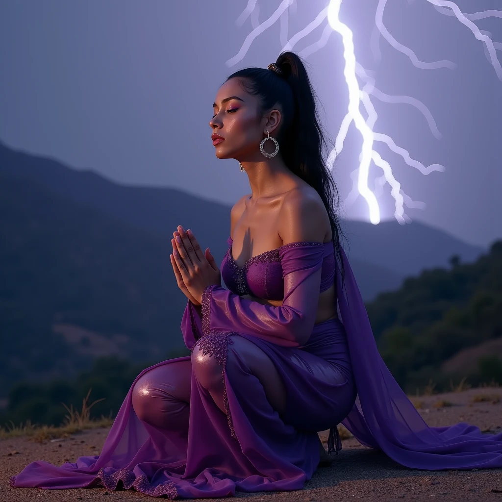 1 gorgeous nubile light-skin Moroccan goddess is praying and wearing a vivd glossy purple Jezebel in the bible harem regalia while extreme squatting, 3:4 full frontal body portrait, ((merge and use young faces of Alice Eve and Rila Fukushima into best 50/50 blend)), (eyes wide open, wide open eyes, blank stare, best detailed face, best lifelike face, best lifelike nose and eyes), Grecian upstyle hairstyle with high standing ponytail, pucker lips, pale snowy colored skin, huge hoop earrings, bodacious, playboy playmate archetype, perfect bikini body, (((massive breasts))), sweaty, show cameltoe, show underboobs, mindless facial expression, deeply hypnotized facial expression, deeply entranced facial expression, ((primeval backdrop with Intense lightning strikes and severe thunderstorms towering over misty mountains)), (RAW Photo, 12K, best quality, best masterpiece, hires, best realism, best photorealism, vivid colors and natural outdoor lighting)