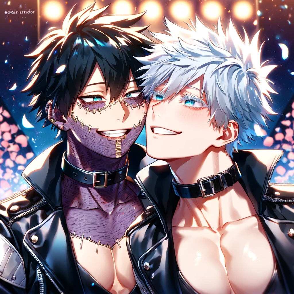 absurdres, highres, ultra detailed, HDR, master piece, best quality, extremely detailed face, delicated features, Dabi, black hair, expressive turquoise eyes, Boku No Hero Academia, Gojou Satoru, white hair, expressive blue eyes, white eyelashes, two sexy men together, yaoi, gay couple, handsome, smiling, black vest, black leather jacket, rockers, black rocker clothes, black collar, showing the chest, toned, patterns, stage, lights, petals, fantasy, magical