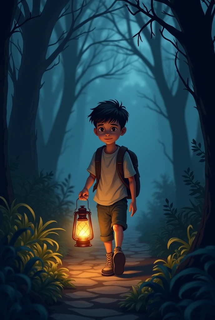 "Create a logo featuring a young boy holding a lantern that emits a soft, warm light, guiding his way through a dark forest. The boy’s expression should be determined, symbolizing his journey of self-empowerment and overcoming loneliness. The lantern light should illuminate the path ahead, representing hope and direction. Use contrasting colors, such as dark blues and blacks for the forest and warm yellows for the lantern light, to emphasize the contrast between darkness and light."