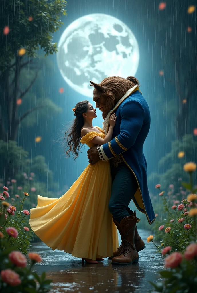 beauty and the beast dancing in the rain at night and the bright moon