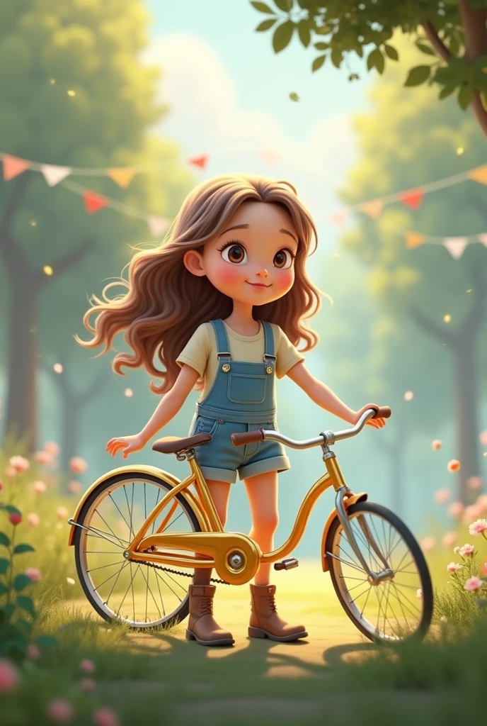 Draw Danae a  girl with curly brown hair and it&#39;s her birthday and she gets a shiny new bike  Create a beautiful girl, maiden, long light brown hair, slightly wavy, small almond-shaped brown eyes, elongated face, slightly full and pink lips, wears denim overalls and a t-shirt underneath, brown boots on her feet 3D 