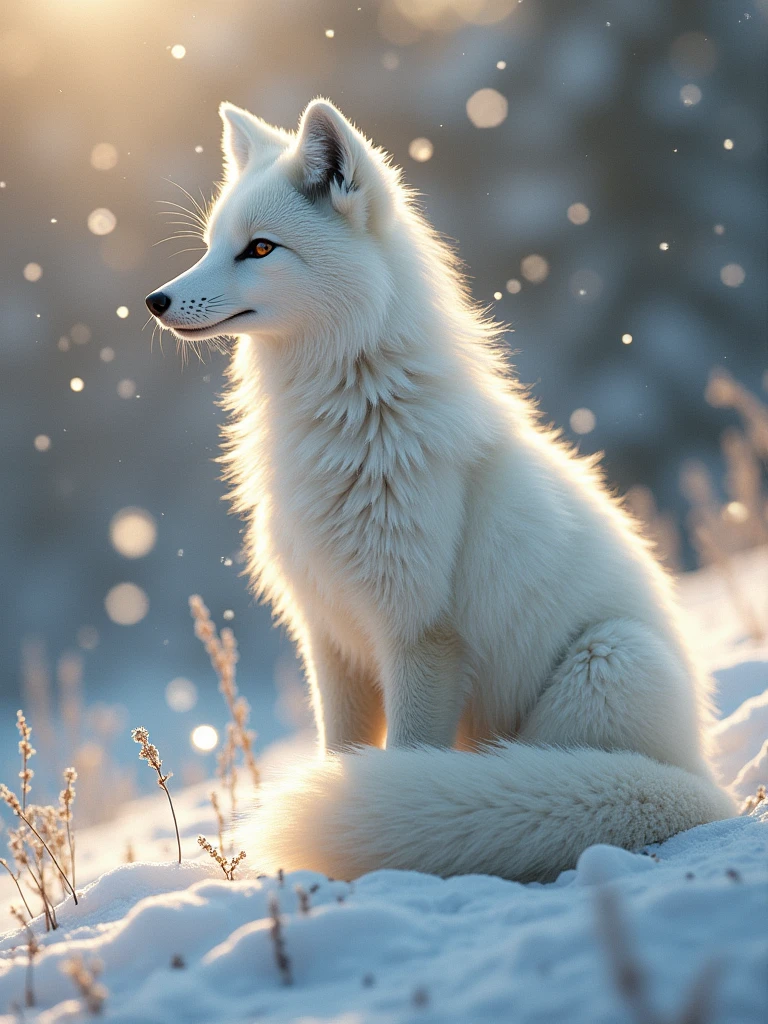 Arctic fox, Standing in the snow, Pure white fur shining in the morning sun, Beautiful world.Diamond dust