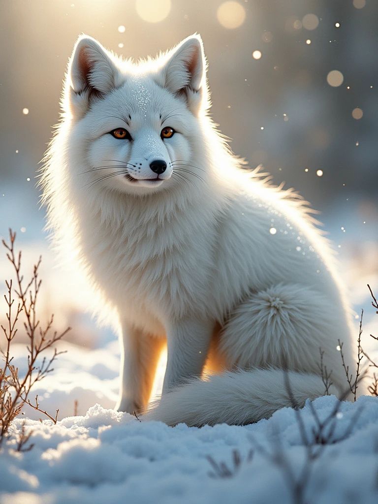 Arctic fox, Standing in the snow, Pure white fur shining in the morning sun, Beautiful world.Diamond dust