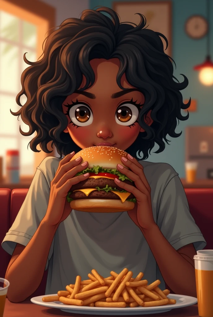 1 dark skinned teenager with wavy black hair and brown eyes eating hamburger

