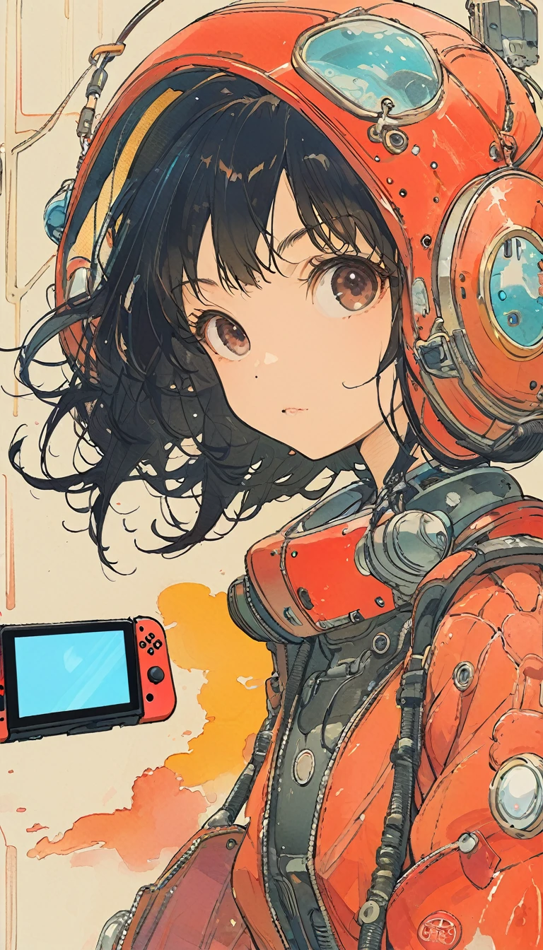 (Skinny girl) (Short bob style hair) (Black Hair) (Dark brown eyes) (parts) (Playing on Nintendo Switch)、Upper Body、Retro diving suit、The Style of Kawanabe Kyosai