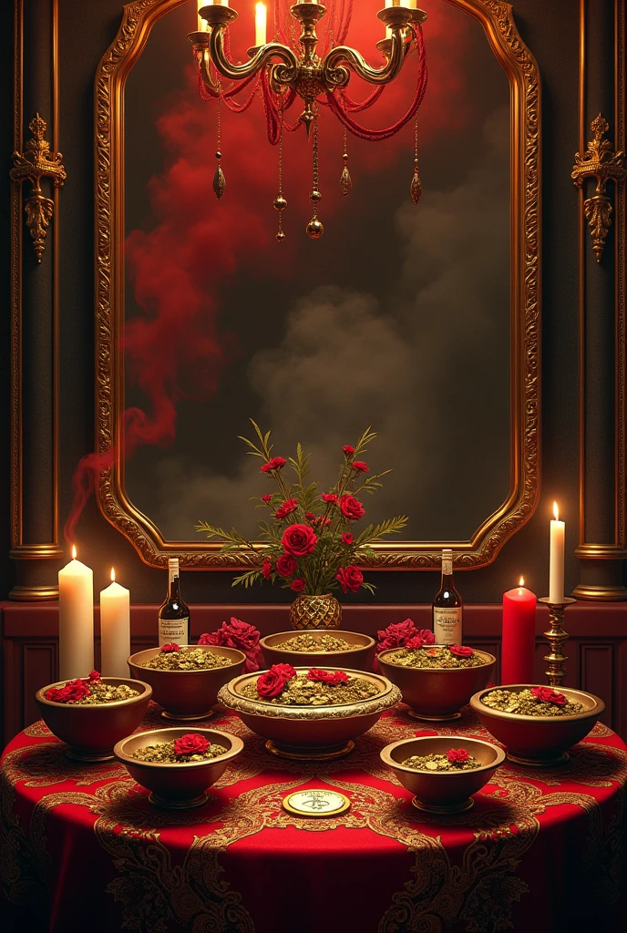 Luxury cabaret, with lots of details, full of gold and in the middle several macumba works in clay bowls, with farofa, Pepper's, red roses , dados, gold-coins, white and red candles lit and melted, bottles of whiskey and bottles of beer, Red smoke, without any person