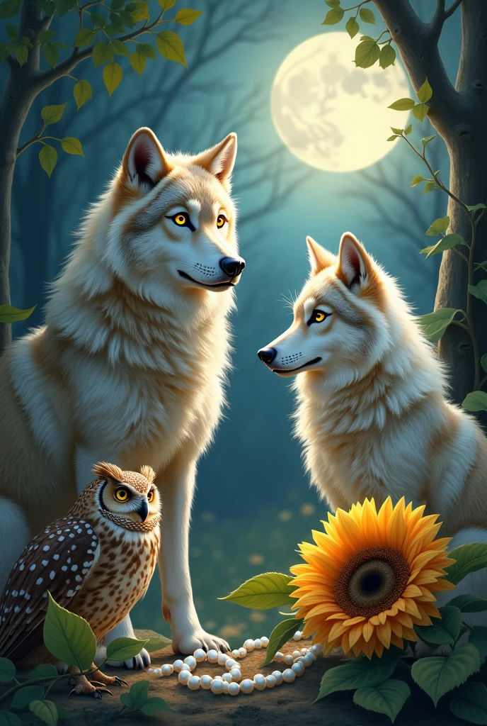 Two Wolves, an owl, Pearl necklace, sunflower


