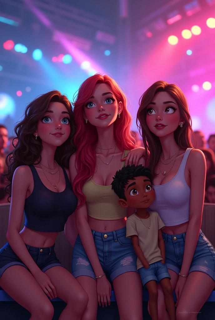 draw 3 beautiful girls one with curly brown hair, another one with straight red hair/cherry and another with straight brown hair and a little Indian-like boy enjoying a Kevin AMF concert