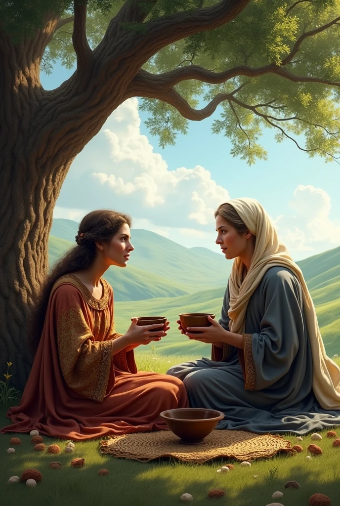 Realistic image of Ruth and Naomi eating under a tree