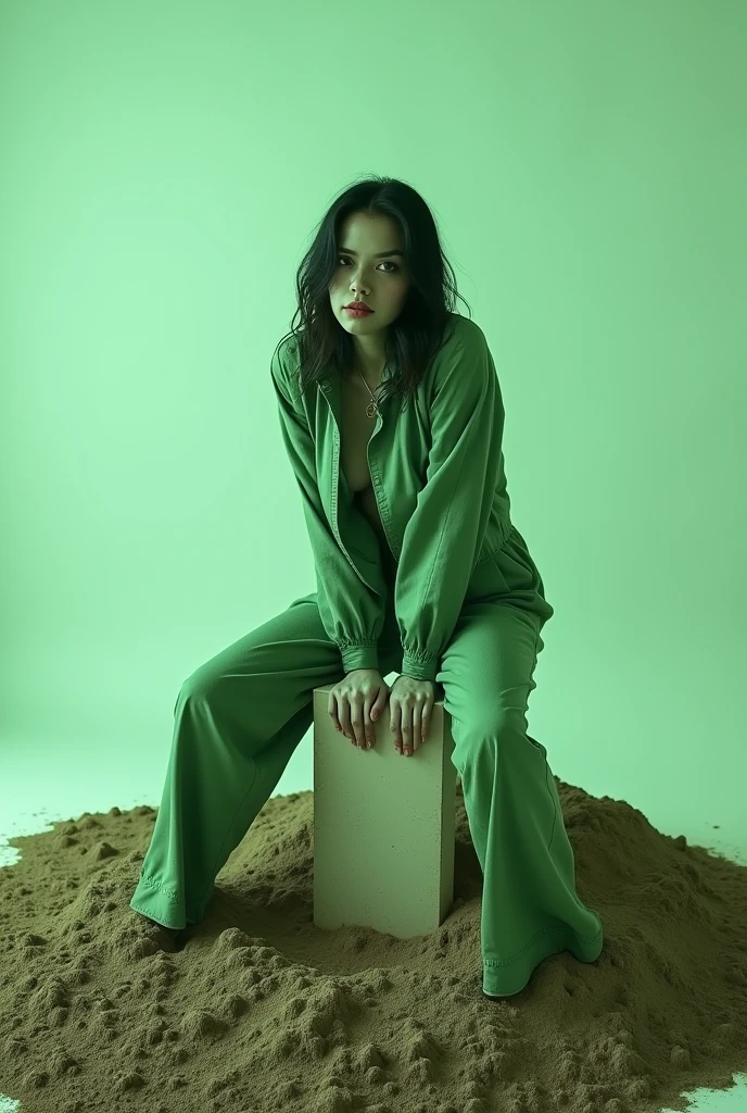 A tombstone with a mound of dirt from which emerges half of the body of a green zombie, She poses in a way to the camera. Central angle. He supports himself with his arms on the floor to emerge from the ground.. The scene is inspired by a fashion photo shoot, with a minimalist background on a solid background. , light and clean color . The zombie is seen from the chest up, with the rest of his body still buried in the grave. He is wearing a modern outfit, youthful and casual.