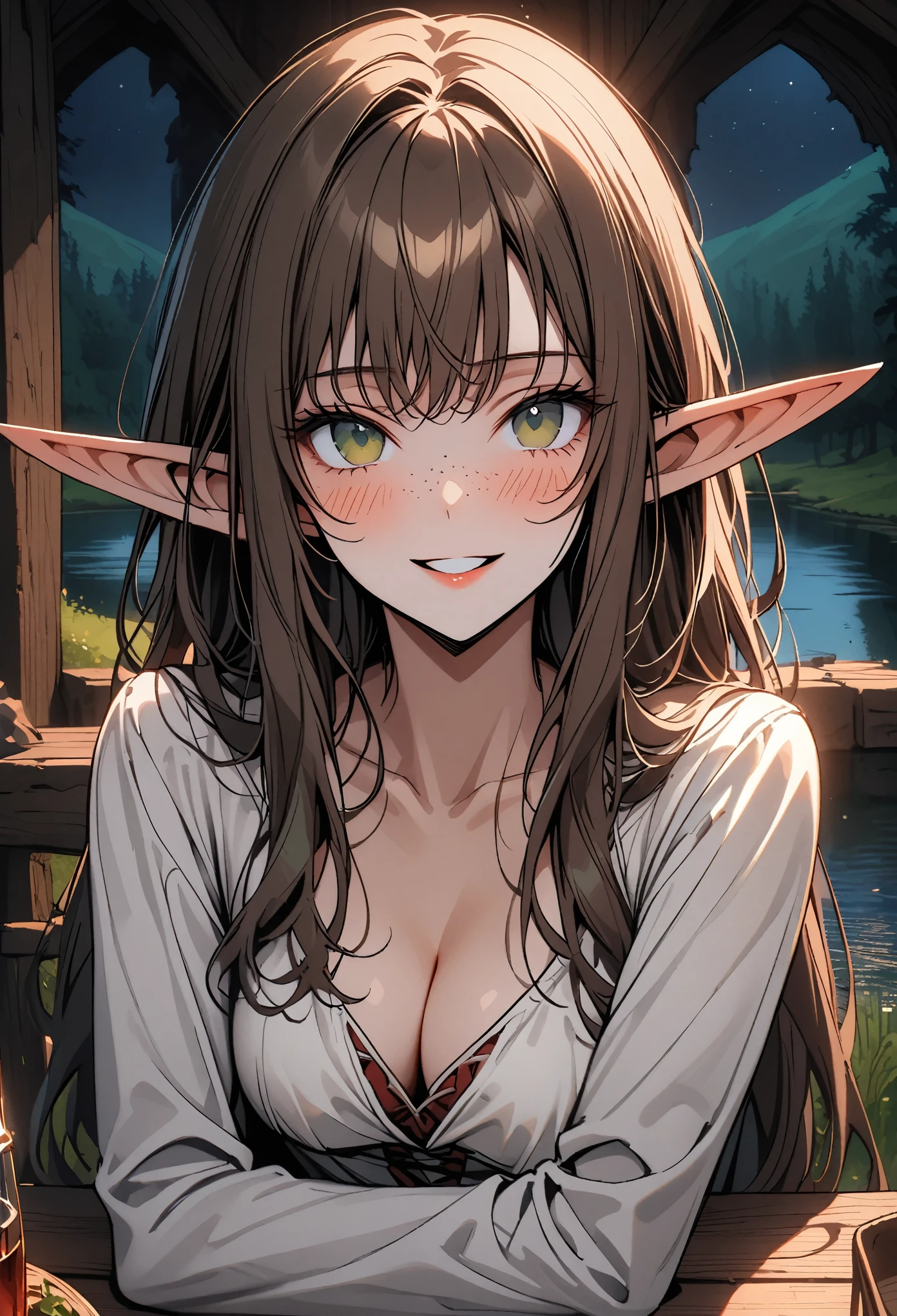 solo, female, close up, elf, huge pointed ears, medium breasts, long brown hair, dark green eyes, freckles, medieval, lake, forest, white shirt, wide smile, very tall, slender, night, indoors, romantic dinner on a cottage deck, across from table, blush, cleavage, parted lips