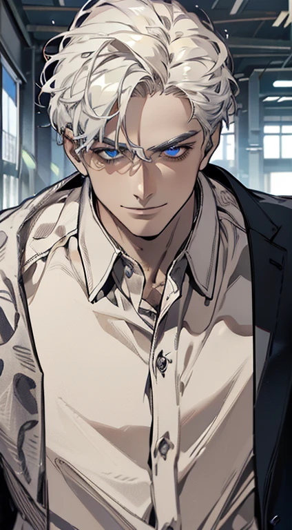 (best quality, masterpiece, 8K, photorealistic, cinematic lighting, hdr image, ultra detailed, beautiful image), 1 man, 3, mature man, very handsome, (without expression, smile), short white hair, blue eyes ( penetrating gaze), perfect face without errors, imposing posture, without errors, businessman, office background