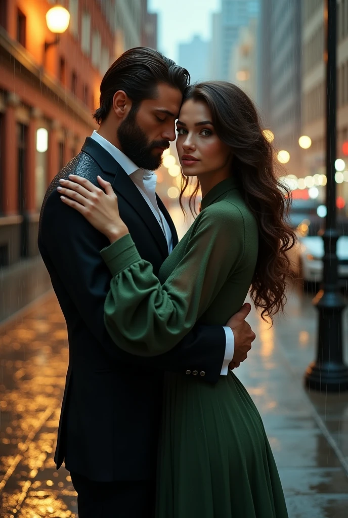 Elegant bearded man, he on the sidewalk hugging a beautiful woman with green eyes, they are in the rain 