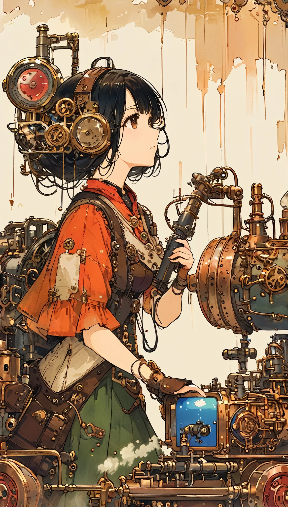 (Skinny girl) (Short bob style hair) (Black Hair) (Dark brown eyes) (parts) (Playing on Nintendo Switch)、Upper Body、Mechanical Body、partsが発光、Steam engine、steampunk、The Style of Kawanabe Kyosai