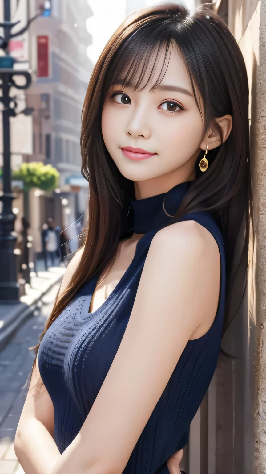 Masterpiece、Best Quality、Illustration、 Super detailed、Fine details、 High resolution、8K Denden Wallpaper、Perfect dynamic composition、2 beautiful girl、clear、Detailed beautiful face、Detailed beautiful eyes、Textured skin、A faint smile、Small breasts、Bold sexy pose、Navy blue sleeveless knit dress、bustling street、