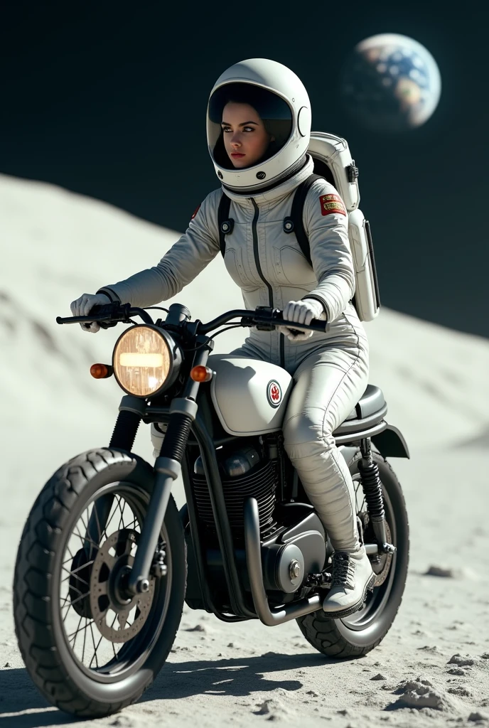 A beautiful young woman from Brooklyn, dressed in a modern astronaut spacesuit, riding a classic cafe racer motorcycle on the surface of the Moon. The Moon's surface is brightly illuminated by the sunlight, creating a stark, bright environment. In the distance, Earth can be seen, floating against the blackness of space. The woman is wearing a sleek, futuristic spacesuit with a helmet, her expression still cool and composed. The motorcycle retains its vintage design, creating a striking contrast between the retro bike and the futuristic lunar setting.