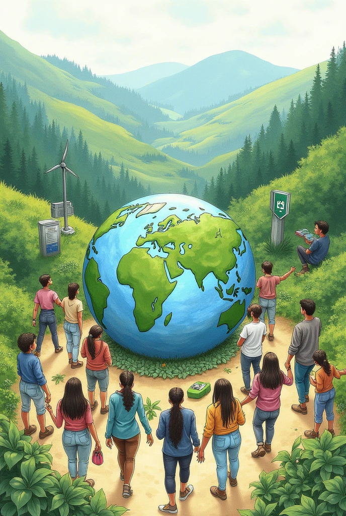 A sketch of beautiful Earth and people preserving it.