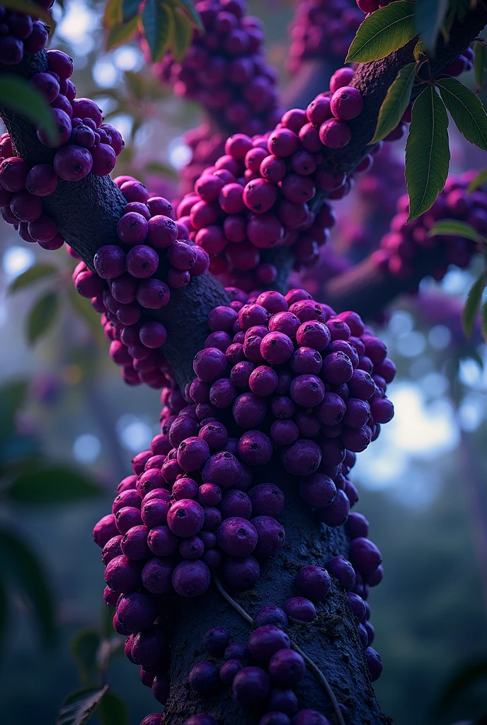 The Glowing Acai Berry • A close-up of a tall tree with bright purple berries hanging from it. The image must convey the beauty and uniqueness of açaí