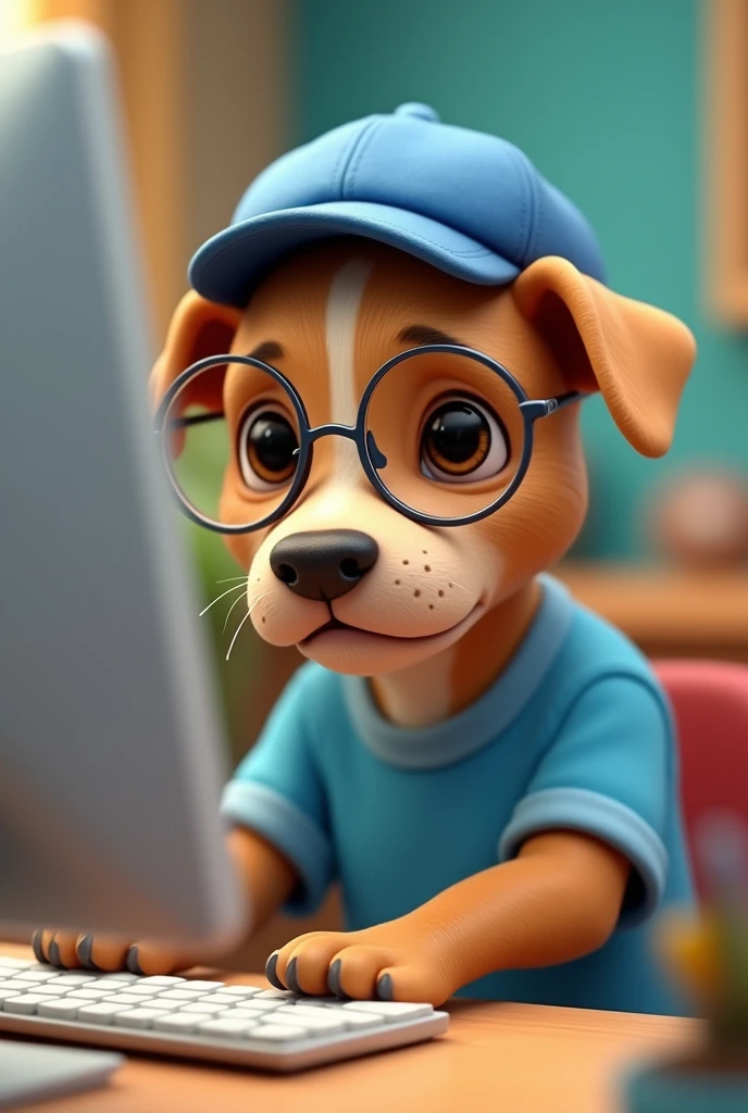 Light brown pitbull dog wearing clear glasses, lightbrown eyes, blue cap, blue csmisa, Disney style, using computer. 4K