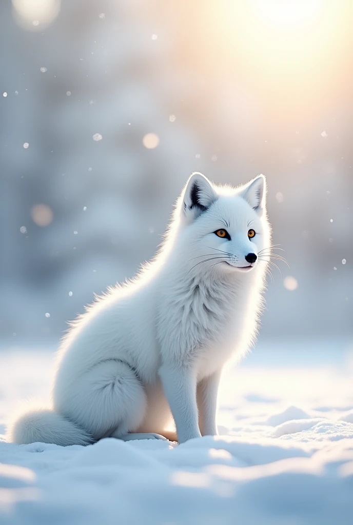 Arctic fox, Standing in the snow, Pure white fur shining in the morning sun, Beautiful world.