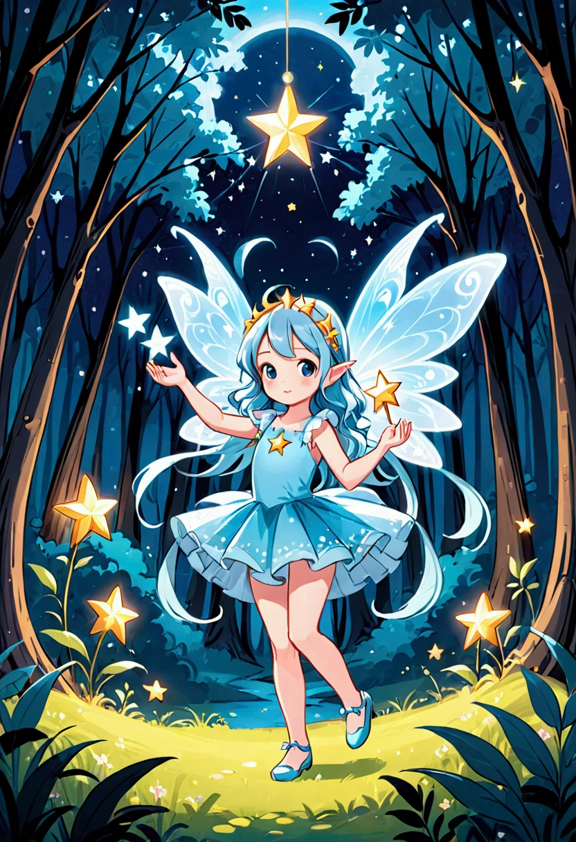 a pretty fairy with a magic star in her hands, for coloring pages, full white, children's style, magic forest background, full body, Sketch style, playful style, childrens